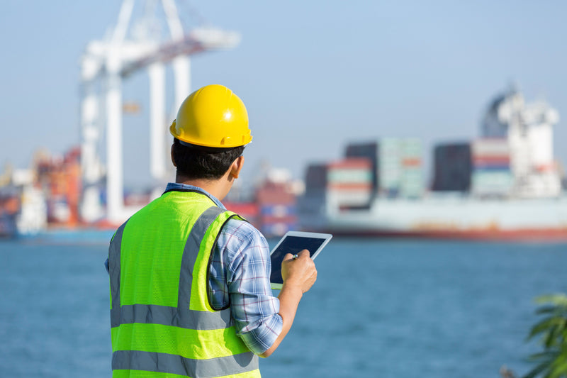 Person in hard hat and high-visibility vest holding a tablet with shipping containers and cranes in the background.