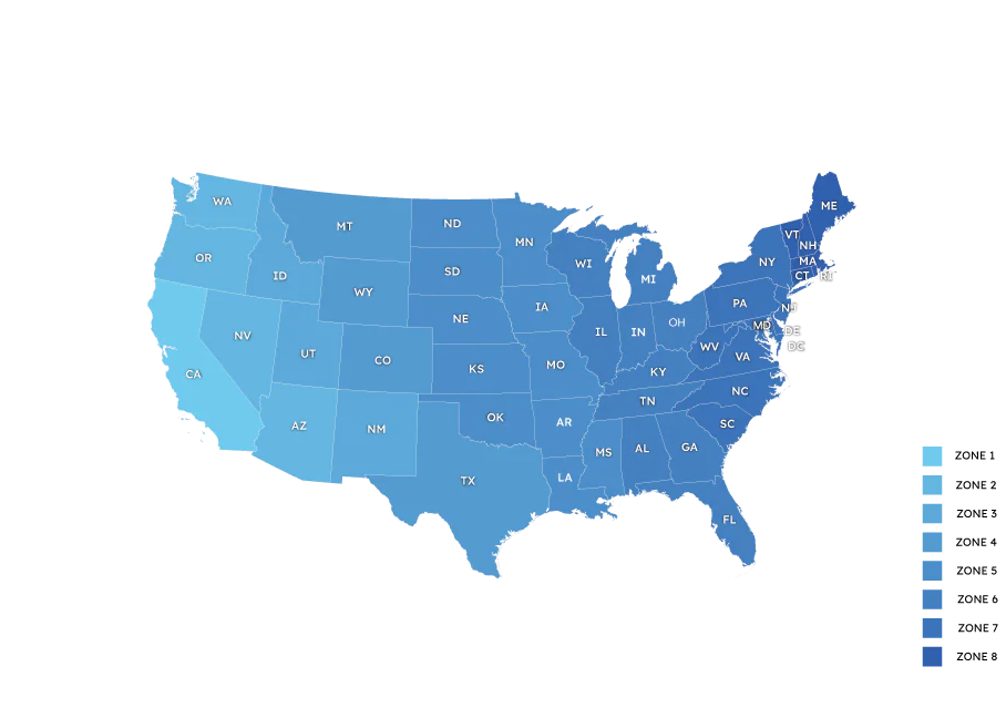 Map of the United States with labeled zones