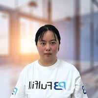Person wearing a white shirt with a logo in an indoor setting