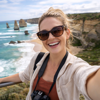 Woman taking a selfie with ocean and cliffs in the background