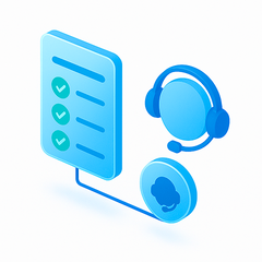 Blue icon of a phone with headset and checkmarks on a white background