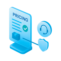 Blue pricing document with a checkmark icon on a white background