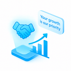 Illustration of a handshake, growth chart, and text 'Your growth is our priority' on a white background.
