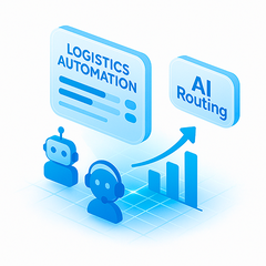 Illustration of logistics automation with AI routing, robots, and charts on a white background.