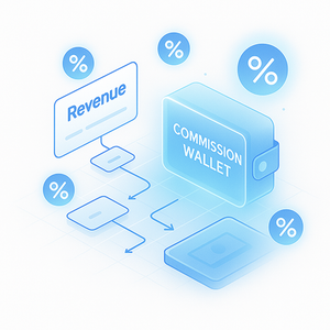 Illustration of a commission wallet with revenue and percentage symbols on a white background