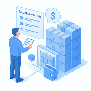 Illustration of a person using a tablet with supplier options and stack of boxes on a white background