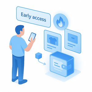 Person holding a tablet with 'Early access' and product icons on a white background
