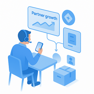 Person in a blue office setting with 'Partner growth' on a screen
