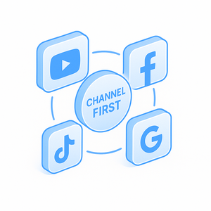 Illustration of social media icons with 'Channel First' text in the center on a white background