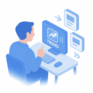 Illustration of a person using a computer with 'TREND' displayed on the screen.