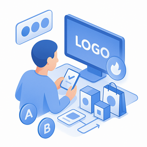 Person using a computer with various digital elements around on a white background