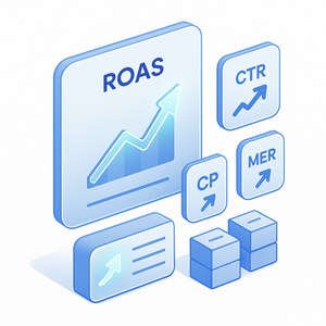 Illustration of digital marketing metrics including ROAS, CTR, CP, and MER on a white background.