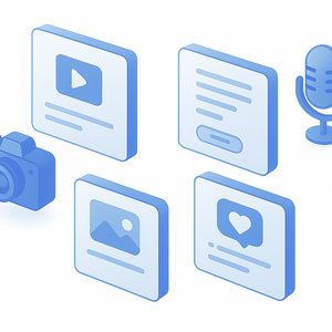 Set of blue icons representing video, document, camera, microphone, and heart with speech bubble on a white background.