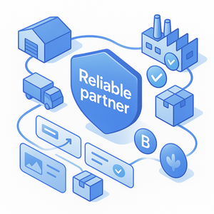 Illustration of a reliable partner with interconnected blue icons on a white background