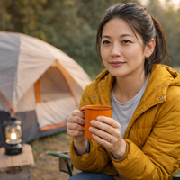 Woman in yellow jacket holding an orange mug with a camping scene in the background