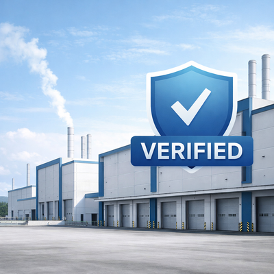 Factory building with a 'VERIFIED' shield icon against a blue sky.