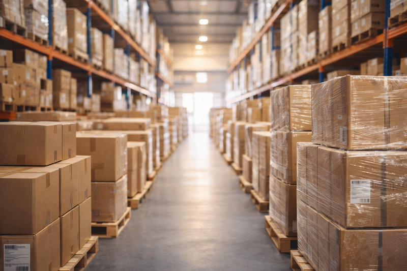 Warehouse with stacked cardboard boxes on pallets