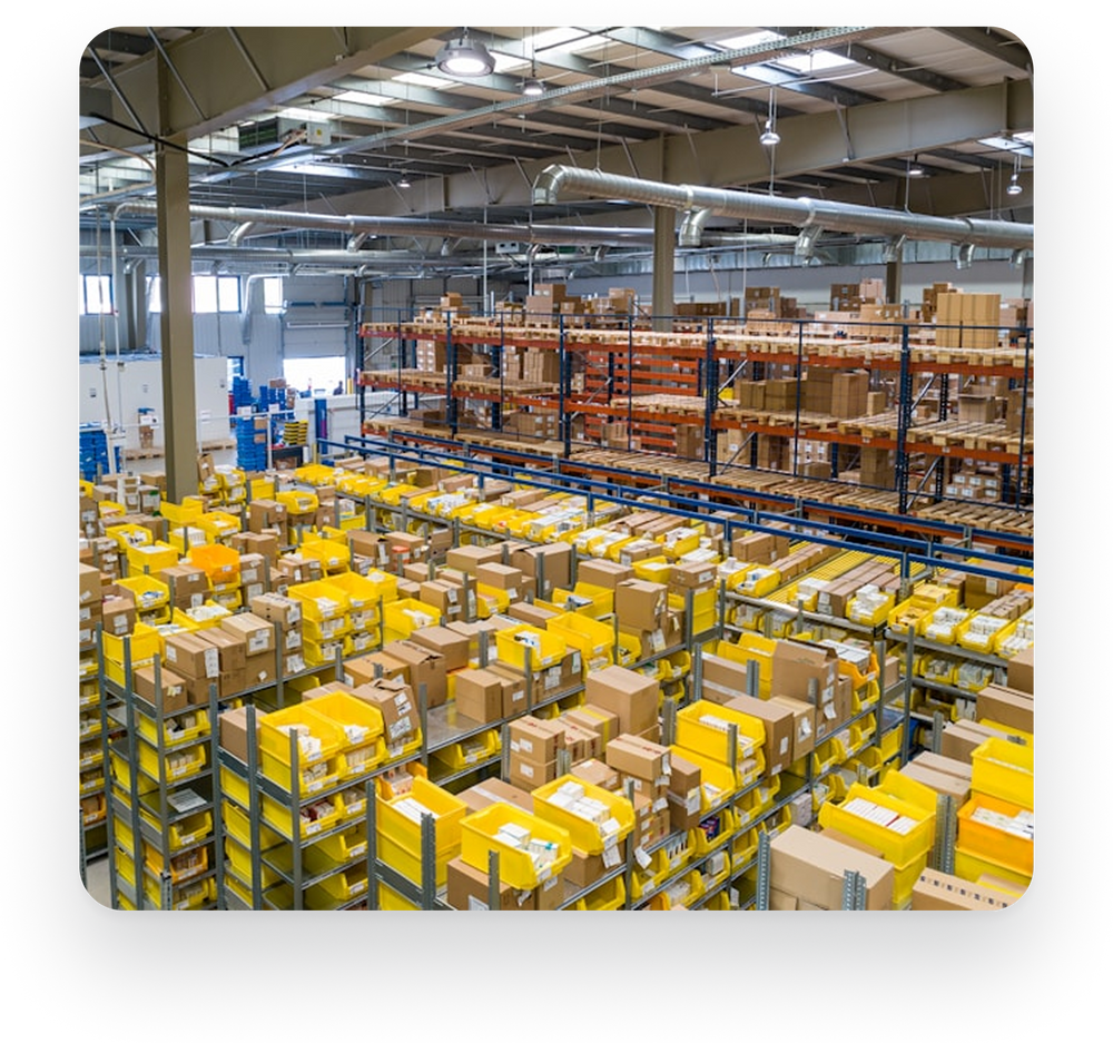 Warehouse with shelves stocked with boxes and yellow packaging