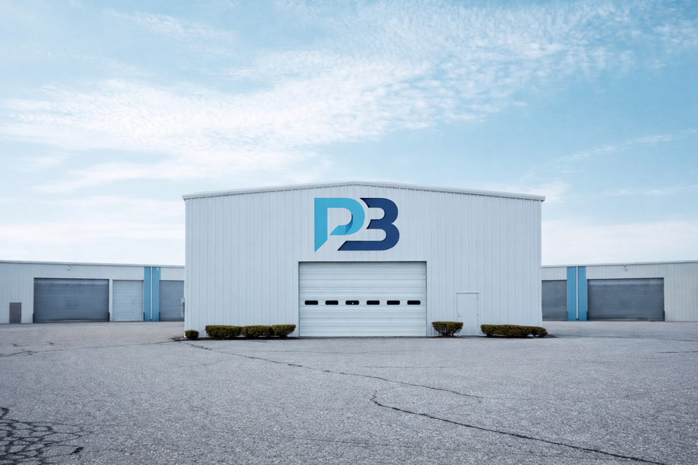 Warehouse building with a logo on the side against a blue sky