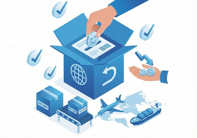 Illustration of a package being shipped with hands, boxes, and shipping icons.