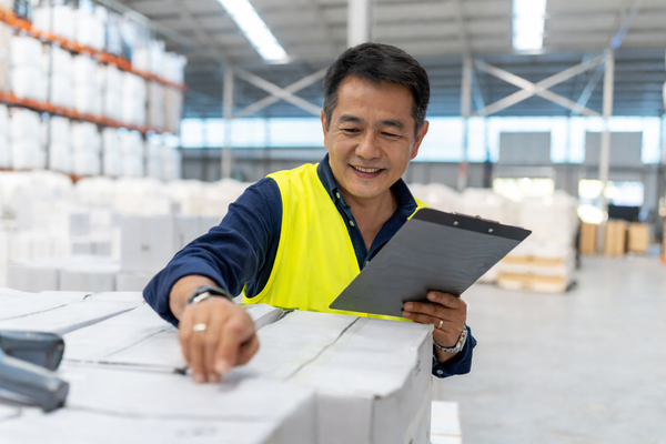 Man in a warehouse holding a tablet, wearing a high-visibility vest.