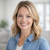 Woman with blonde hair wearing a denim shirt in a blurred indoor setting
