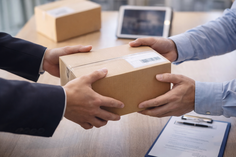 Two people exchanging a cardboard shipping package in an office setting