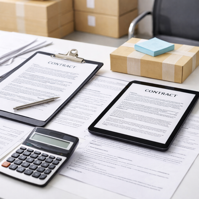 Contracts on a desk with a calculator and office supplies.