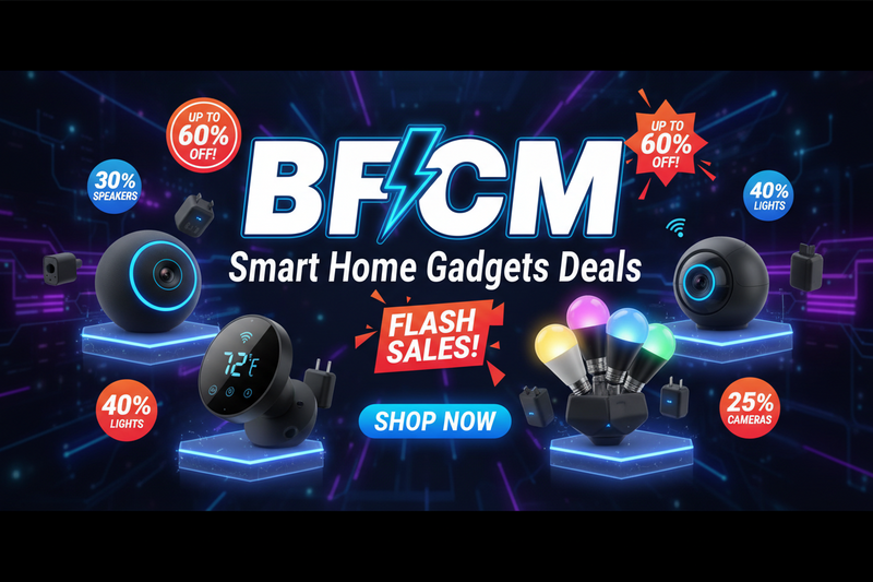 Promotional banner for BF/CM smart home gadgets deals with various devices and discounts on a dark background.