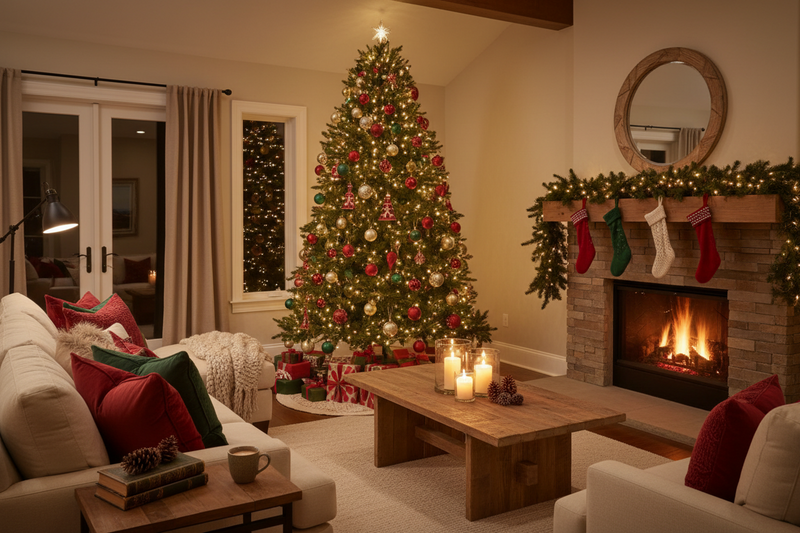 Cozy living room with Christmas tree, stockings, and fireplace.