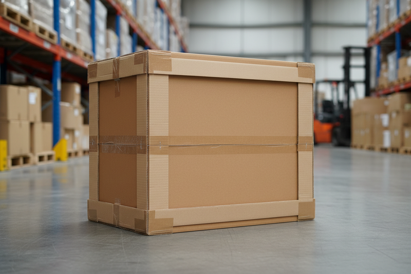 Cardboard box in a warehouse setting with pallets and forklift in the background