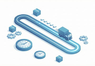 Illustration of a delivery truck on a curved road with clocks and boxes, symbolizing logistics and time management.
