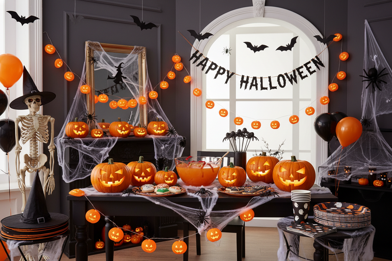 Halloween-themed party setup with pumpkins, skeletons, and decorations.