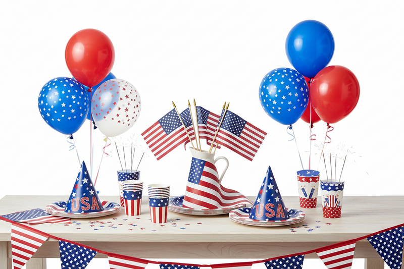 Table setting with red, white, and blue decorations including balloons, flags, and party hats.