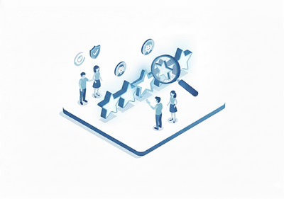 Illustration of people around a star rating system with icons on a white background