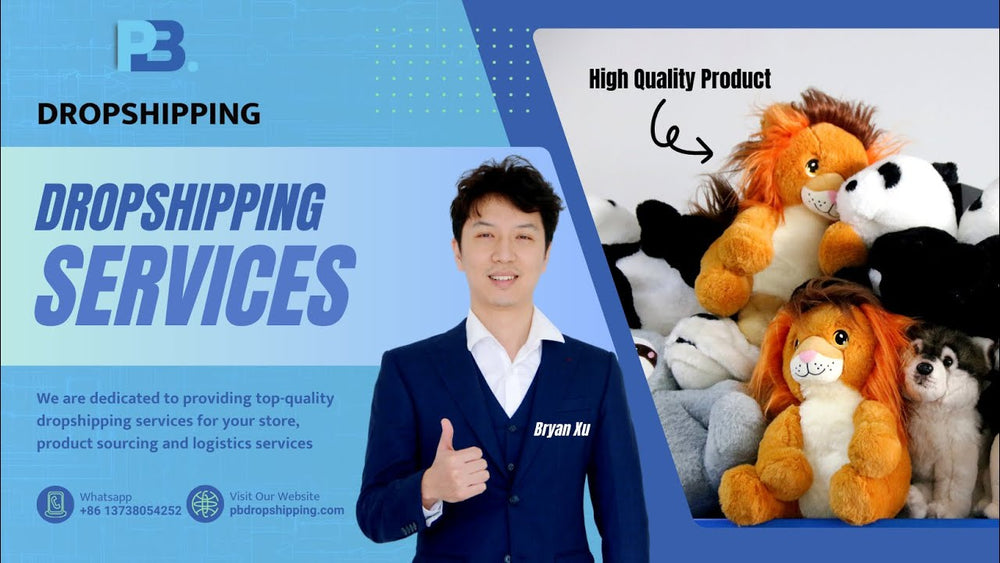Advertisement for dropshipping services with a person and plush toys on a blue background