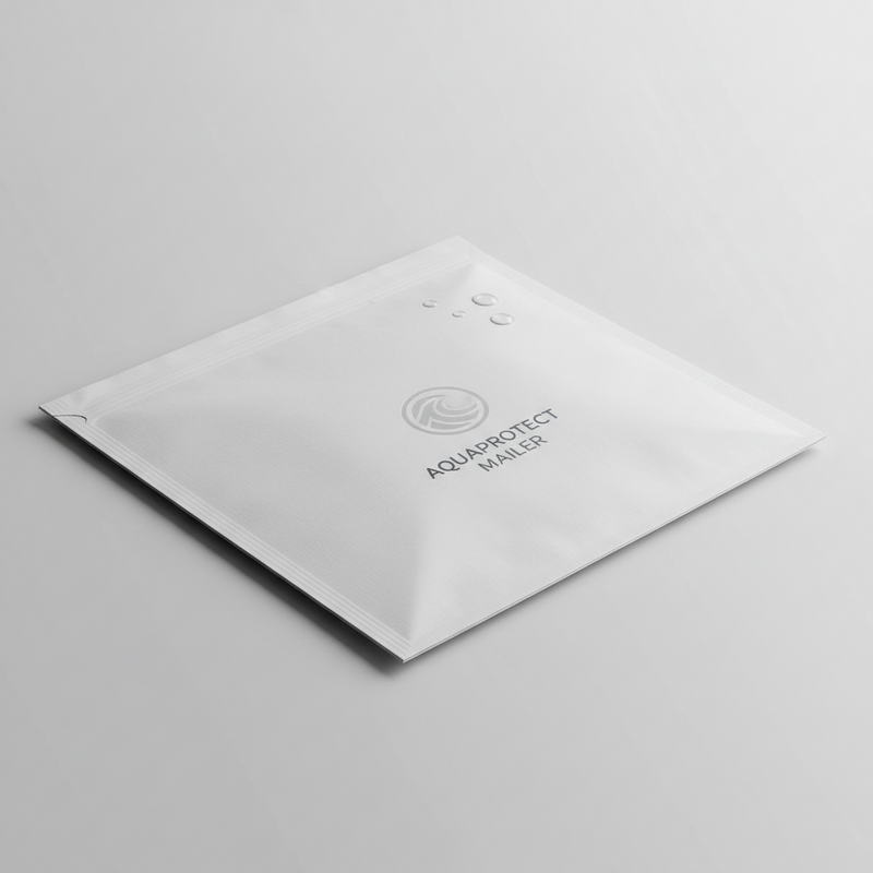 White envelope labeled 'Aquaprotect Mailer' on a light gray background